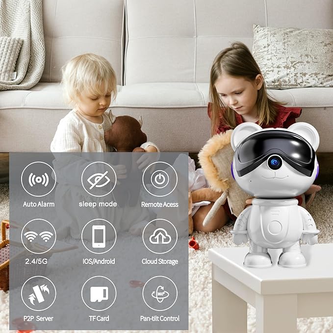 Dzcctvipc-Cute Bear-2K Wireless-Smart Robot-Home Security - Camera,Nanny & Pet Motion Monitor,Baby Cry Detection Alarm,Privacy Mode,5G Dual-Band,PanTilt,Full HD Night Vision,24/7 Recording,2-Way Audio