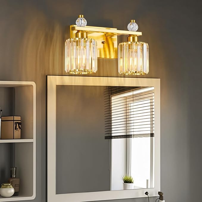 FDPBY Bathroom Vanity Lights 2-Light Gold Modern Crystal Vanity Light Fixtures Over Mirror Crystal Bathroom Vanity Lighting Fixtures