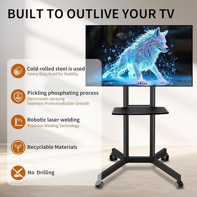 Solid Grace Rolling TV Stand with Power Outlet for 32-75 Inch TVs up to 88lbs, Portable TV Stand with Shelf, Mobile TV Cart for Living Room, Office, Meeting Room, Outdoor(with Power Outlet+Shelf)