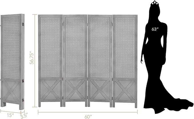 Wnutrees 4 Panel Pegboard Display, 5 Ft Wood Folding Privacy Screens Room Divider, Portable Freestanding Display Board for Craft/Art Shows, Retail, Events, Wall Organizer, Rustic Barnwood, Grey