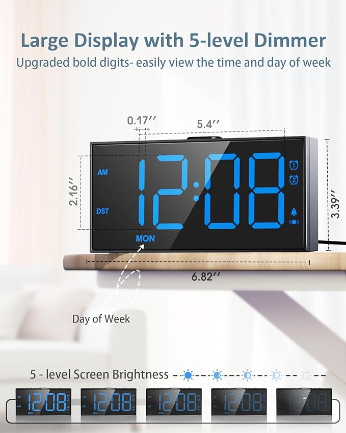 Loud Alarm Clock for Heavy Sleepers Adults,Bed Shaker Alarm Clock with 2 Alarms for Everyday/Weekday/Weekend,Dimmer,Snooze,USB Charging Port,12/24H DST,Vibrating Clock for Hard of Hearing/Teens