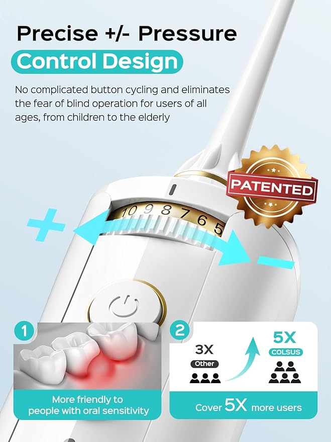 COSLUS Portable Water Flosser for Teeth: 10 Pressure Settings Professional Water Dental Pick for Orthodontic, Braces & Sensitive Gums - Cordless for Travel Use, for Adults Teens, BPA-Free, E40