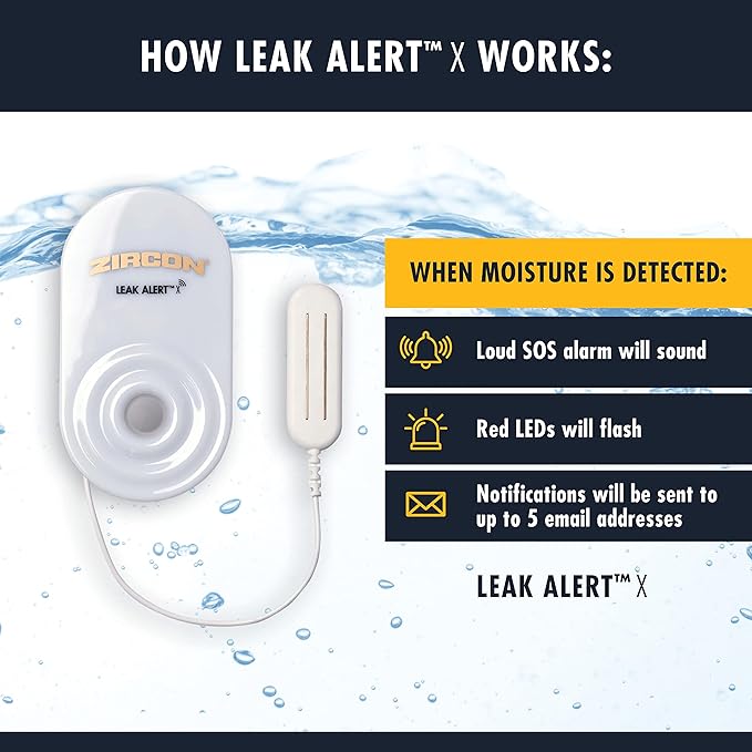 Zircon Leak Alert X – Smart Electronic Water Detector with 9.8 ft Cable – Email, Audio, & Visual Alerts, Battery Included,White