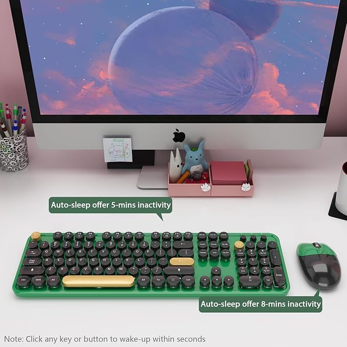 Kootop Wireless Keyboard,Cute Colorful 104 Keys Typewriter Retro Round Keycaps Keyboard for PC Laptop,Desktop,Windows, Home and Office Keyboards (Black Green)