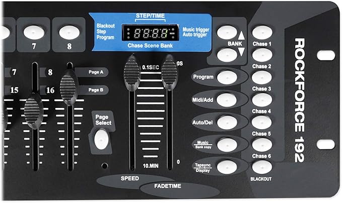 Rockville ROCKFORCE 192-Channel DMX Lighting Controller, Sound-Activated, Programmable Scenes, LED Display, for DJs and Live Events