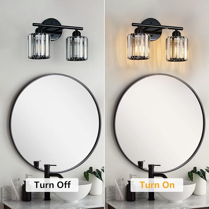 FDPBY Modern 2 Light Crystal Vanity Light, Plating Black Vertical Bathroom Light Fixture Over Mirror for Dressing Table Sink, Compatible with Dimmable Bulbs (Bulbs Not Included)