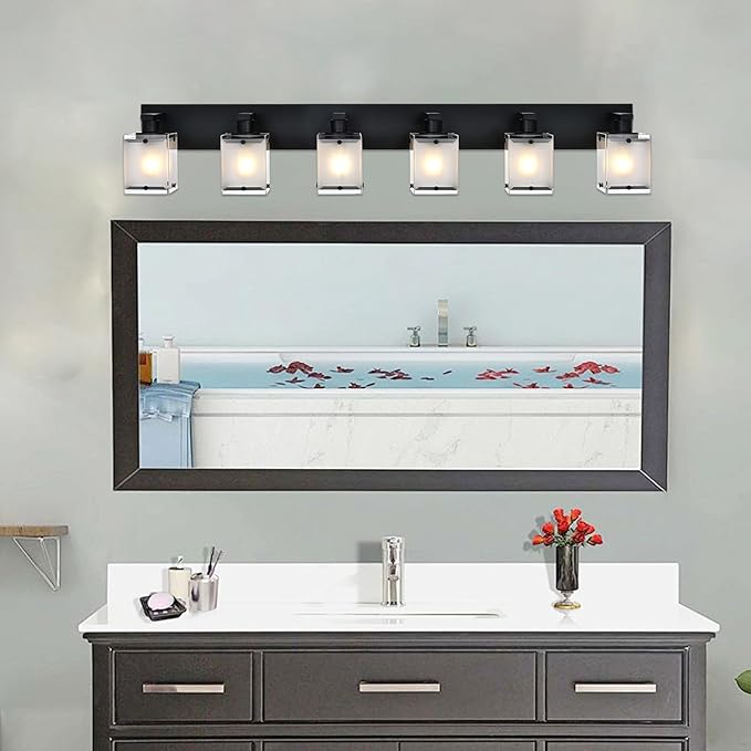 WINSHEN Bathroom Vanity Light Fixture, 6-Lights Modern Vanity Lighting Over Mirror with Frosted Glass Shades, Wall Mount Lamp for Bath Living Room, E26 Bulb Base