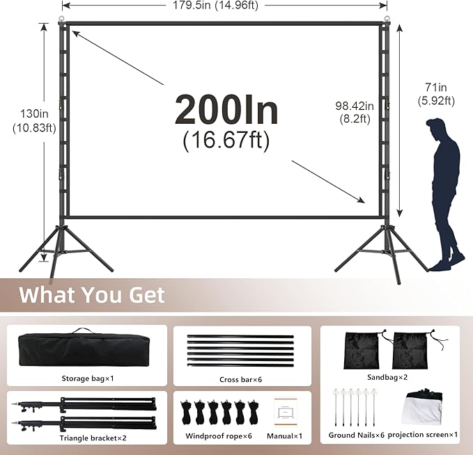 Wootfairy Projector Screen with Stand, 200 inch Portable and Foldable Projection Screen 4K HD 16:9 Rear Front Wrinkle-Free Movie Screen with Carry Bag for Indoor Outdoor Home Theater Backyard Cinema