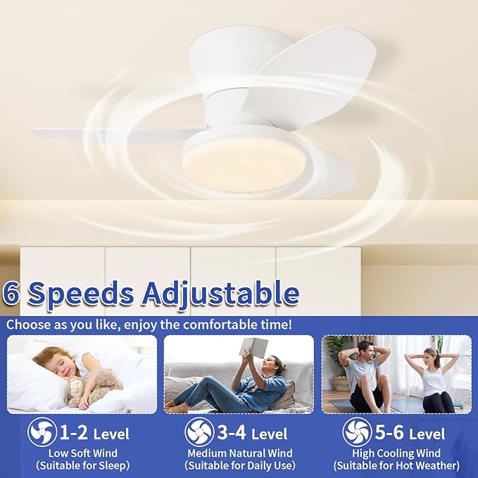 Glowall Small Ceiling Fan with Lights, 25 Inch Flush Mount with Remote Control, Reversible Quiet DC Motor, White, 3 Blades, 6 Speeds, Dimmable LED, Adjustable Color Temperature, Timer