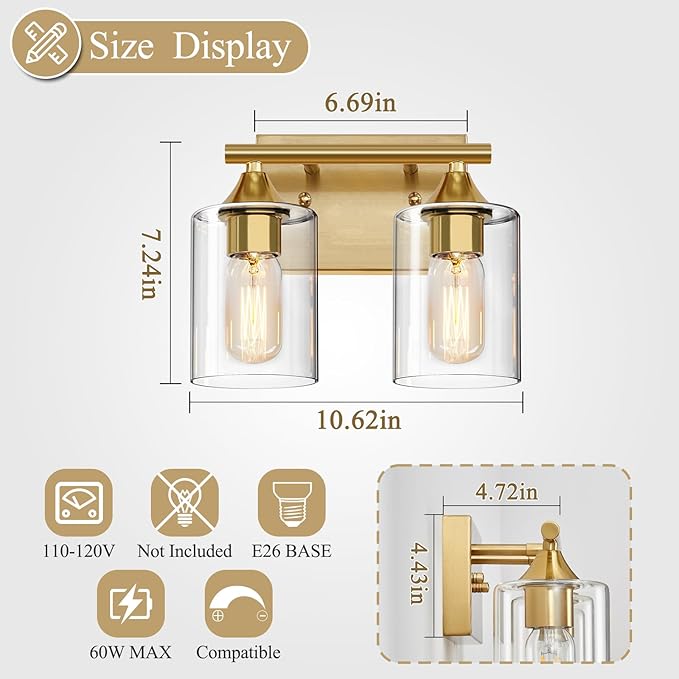 XPEHK Gold Vanity Lights for Bathroom,2-Light Bathroom Light Fixtures,Brushed Brass Gold Wall Sconce Lighting,Modern Wall Lamp for Mirror Bedroom Vanity Table Hallway