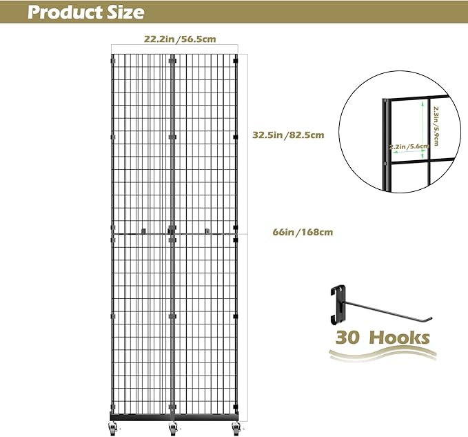 ztysn Grid Wall Panels Display Stand - 22"*66" Triangular Display Racks for Vendor Events with 30 Hooks, Art Display Panels Heavy Duty Floor Standing Movable Retail Display Stand