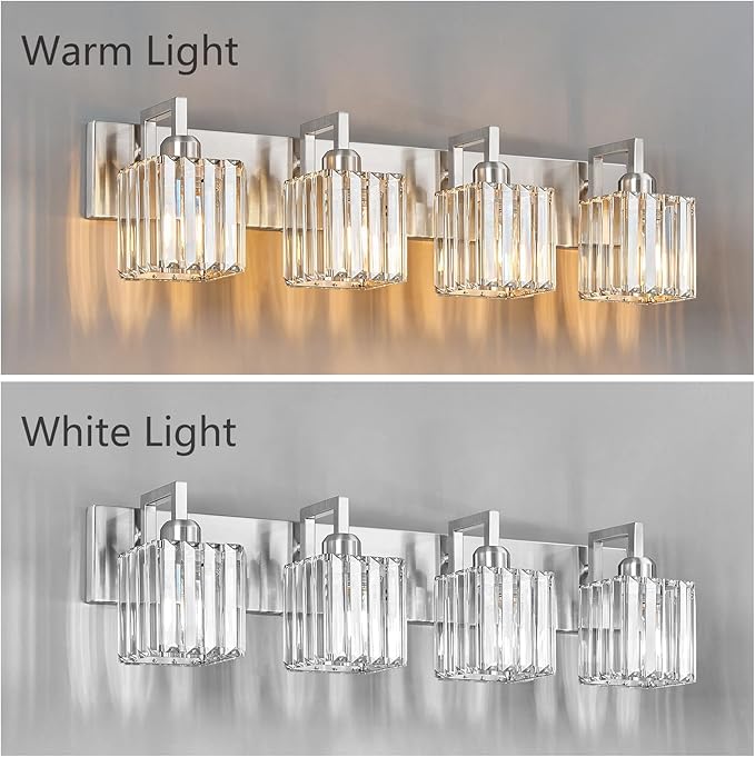 FDPBY Modern Bathroom Vanity Light 4-Lights Brushed Nickel Vanity Light Crystal Wall Light Bathroom Light Fixtures
