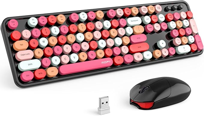 MOFII Wireless Keyboard and Mouse Combo, 2.4GHz Retro Full Size Typewriter Keyboard with Number Pad & Wireless Mouse for Laptop, PC, Desktop, Mac, Windows - Black Colorful