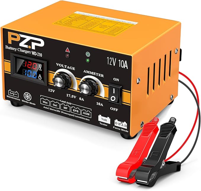 PZP 12V Manual Battery Charger Maintainer, 0 to 10A Arbitrarily Adjustable Car Battery Trickle Charger, Battery Desulfator with Repair, Winter Mode, Suitable for Lawn Mower, AGM, Deep Cycle Batteries