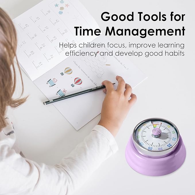 Teeloray Visual Timer for Kids Rainbow Kitchen Timer with Magnetic Base Mechanical Timer 60-Minute Countdown Timer Ringer Alert Time Management Tool for Children and Adults Study Work Cooking, Purple