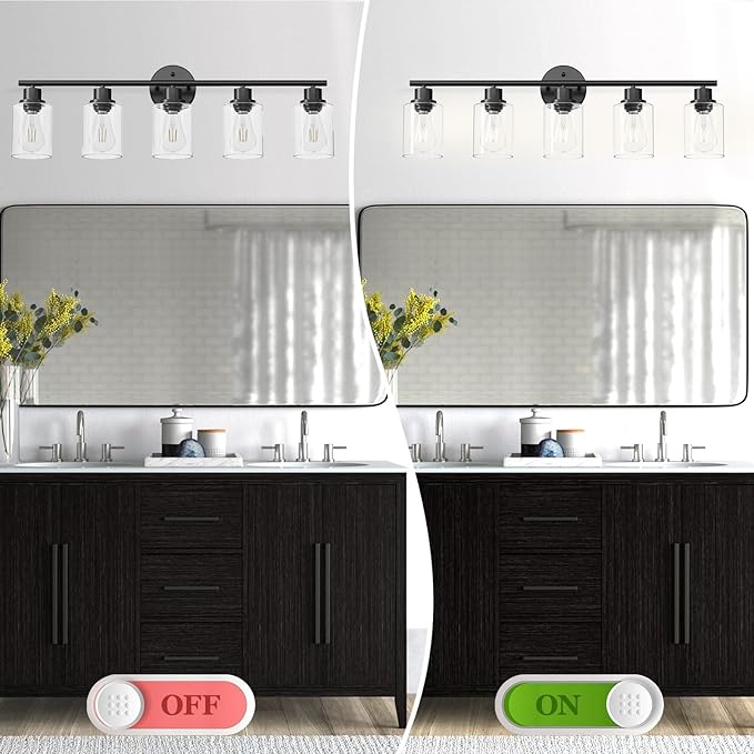Guliaofo 5-Light Black Bathroom Vanity Lights, E26 Modern Bathroom Light Fixtures with Clear Glass Shade, Mirror Kitchen Hallway Cabinet Living Room Sconces Wall Lights