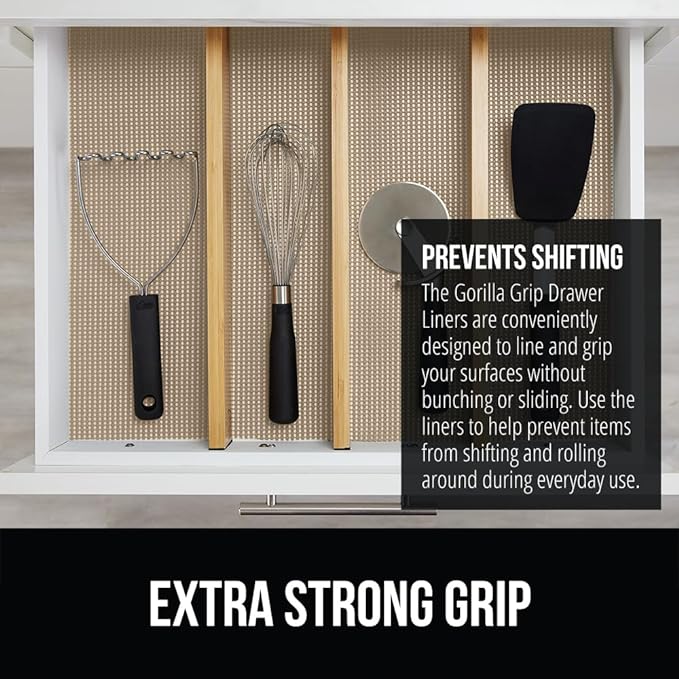 GORILLA GRIP powerGRIP Drawer Shelf and Cabinet Liner, Thick Strong Hold, Non-Adhesive Liners Protect Kitchen Cabinets and Cupboard, Bathroom Drawers, Easy Install, Breathable Mat, 24" x30', Beige
