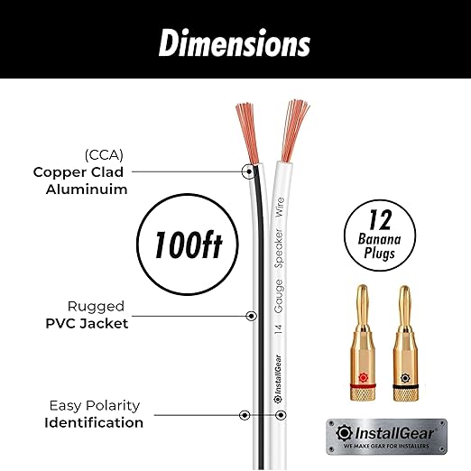 InstallGear 14 Gauge Speaker Wire with Banana Plugs - 100ft White Cable for Outdoor, Automotive & Marine