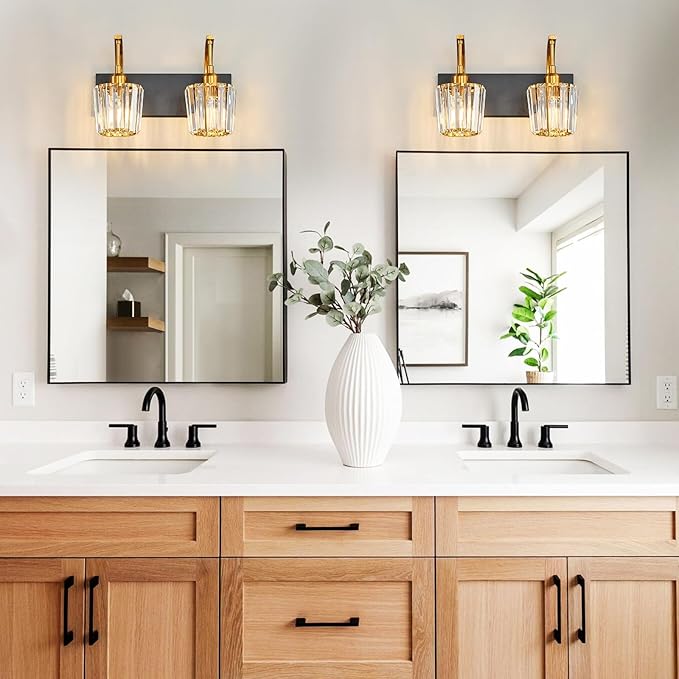 FDPBY Modern Bathroom Vanity Light, 2-Light Black Gold Wall Sconce with Crystal Accents, Over Mirror Bathroom Lighting Fixture, 13.77" Long Dimmable Vanity Lamp for Makeup, Easy Installation