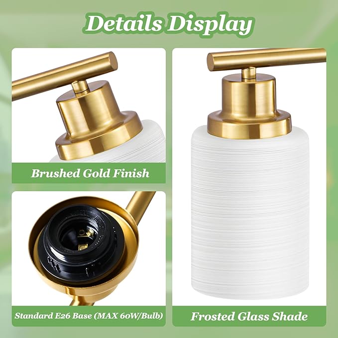 Guliaofo 4-Light Vanity Lights, Brushed Gold Bathroom Light Fixture with Striped Textured Milky White Glass Shade, Modern Vanity Lighting Fixture for Bathroom Wall Light Over Mirror, E26 Wall Sconce