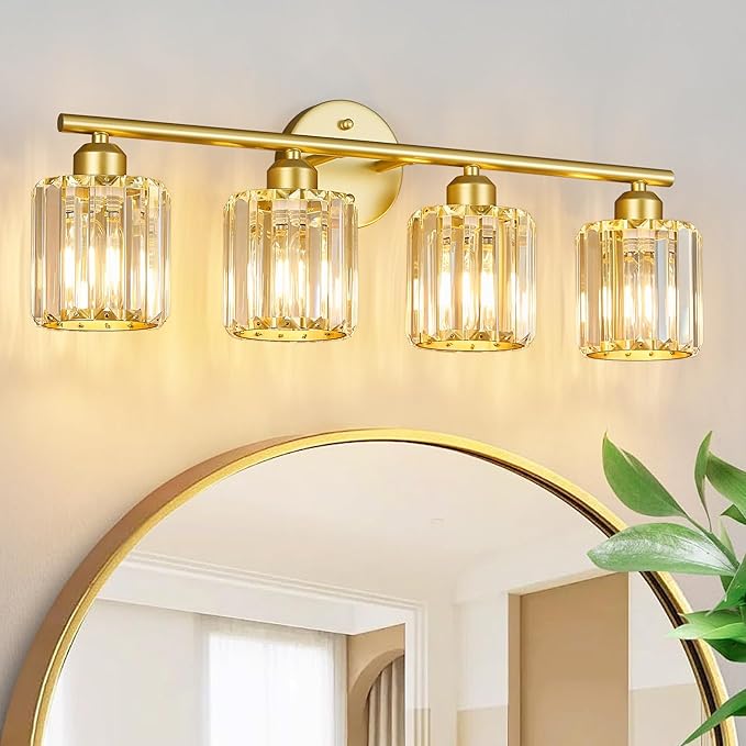 FDPBY Modern 4 Light Crystal Vanity Light, Gold Vertical Bathroom Light Fixture Over Mirror for Dressing Table Sink, Compatible with Dimmable Bulbs (Bulbs Not Included)