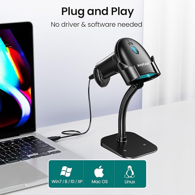 Barcode Scanner with Stand, USB Wired Inventory 2D 1D QR Code Scanner,Compatible with Computer POS MAC with Automatic Scanning, Handheld Barcode Reader for Library Supermarket（Green）