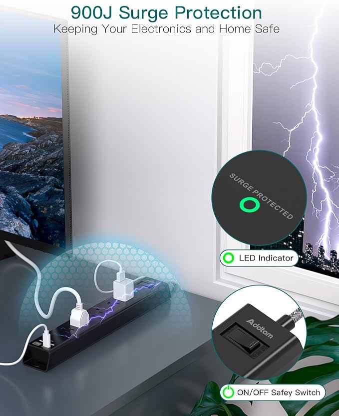 Flat Plug Extension Cord, 6Ft Surge Protector Power Strip - Multi Outlet Extender with 6 AC Outlets 4 USB (2 USB-C) Ports, 900J, Desktop Charging Station for Office College Dorm Room Essentials