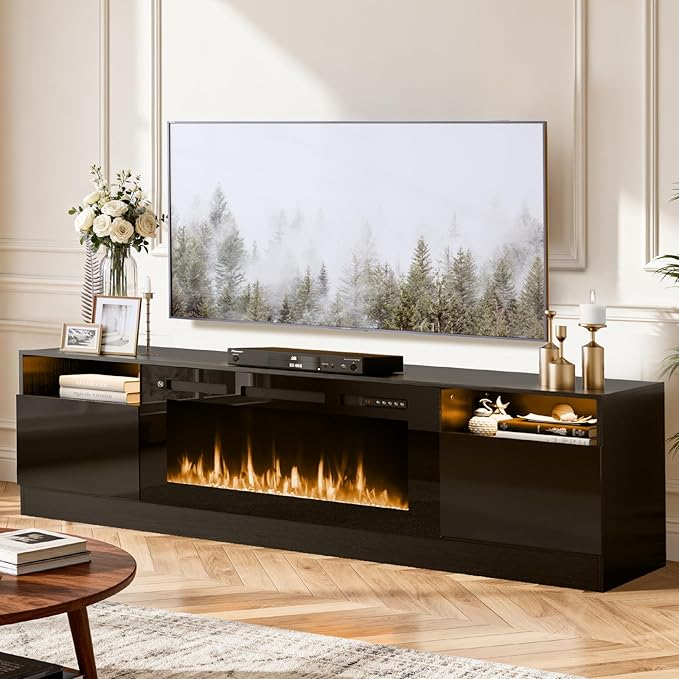YISUFO 80” TV Stand with 36” Electric Fireplace, Large Modern Media Entertainment Center with Storage Cabinet and 12 Colors LED Lights for TVs Up to 90",All Black