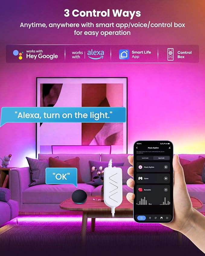 9.84ft RGB+IC LED Lights for 32-43 Inch TV, Backlight Strip Behind TV with Music Sync, Bluetooth APP and Voice Control, 44 Scene Modes, for Ambient Mood Lighting, Monitor Game, Bedroom, Living Room