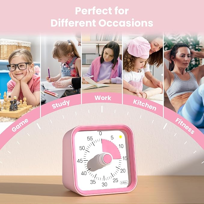 InfPokid Visual Timer for Kids with Pause Function, 60 Minute Countdown Timer for Kids Desk Study, Teaching, Kitchen Cooking, Office Meetings, Time Management for ADHD (Pink)