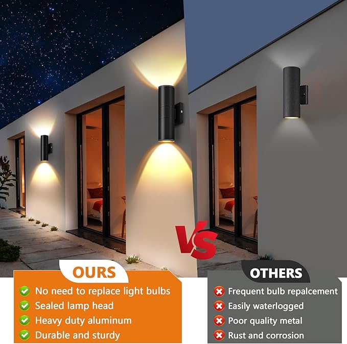 RIDALUX Outdoor Wall Lights Porch Sconce: 6 Pack LED Cylinder Up Down Wall Lights - Exterior Light Fixture for Patio House
