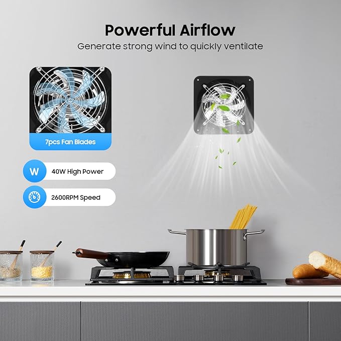 XUFOPLY 6 Inch Exhaust Fan, 110V 40W Wall Mounted Vent Fans 2600RPM Kitchen Bathroom Windows Fan Metal Extractor Fan for Attic, Garage, Window Ventilation (Black, 6 Inch)