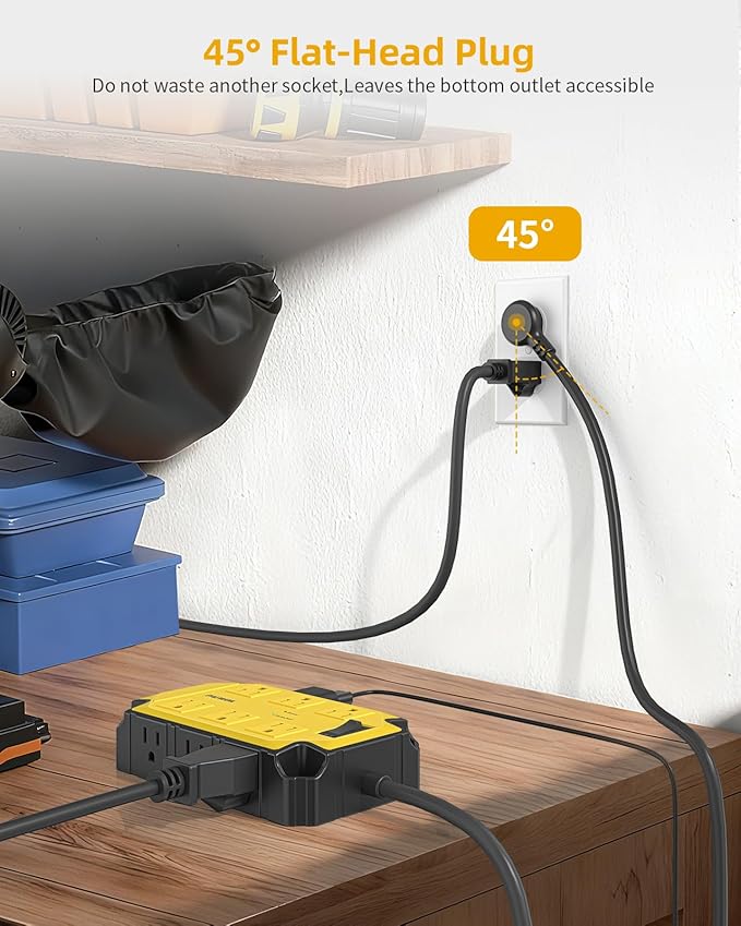 Heavy Duty Power Strip15 Amps/1200 Joules, 12 Outlets Industrial Magnetic Surge Protector, 6.5 FT Extension Cord for Industrial Shop Garage (Yellow)