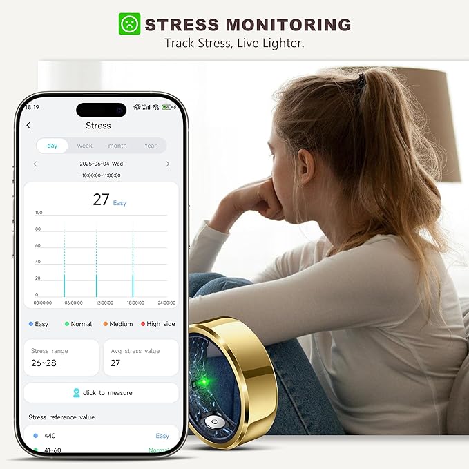 Smart Ring for Women Men, Fashion Minimalist Fitness Ring & Sleep Tracker Ring with Heart Rate, SPO₂,Blood Pressure,5ATM Waterproof Health Ring, No Subscription,Womens Gifts for Men(Gold,Size 9)