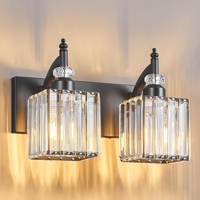 BBLLWJ Modern Bathroom Vanity Light 2-Light Black Crystal Light Fixtures Over Mirror for Bathroom Wall Sconce