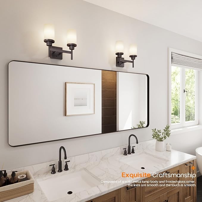 AONEON Wall Lights Over Mirror Bathroom Vanity Light Fixtures with White Frosted Glass, Double Wall Sconces for Hallway Entrance, Oil Rubbed Bronze T001ORB-L2