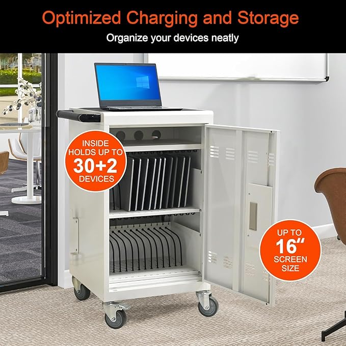 Aokleo 32 Devices Laptop Charging Cart with Password Lock,Tablet Storage Carts for Pad Up to 16.3" Screen,Classroom Computer Mobile Charging Station for Pads,Chromebooks,Laptops(White - Password Lock)