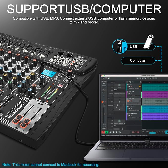 8 Channel Professional Audio Mixer with 48V Phantom Power, USB Audio Interface, Bluetooth & MP3 Player, Sound Board for Podcast, Home Studio, Live Streaming & Recording