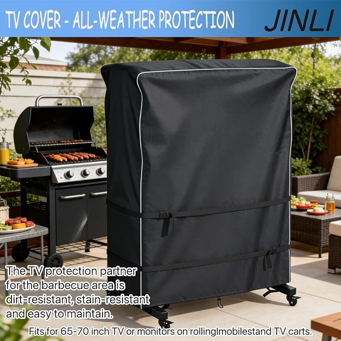 JINLI 65-70 inch outdoor TV trolley cover, courtyard TV cover, Oxford fabric waterproof and dustproof, triple windproof design, compatible with rolling/mobile stand