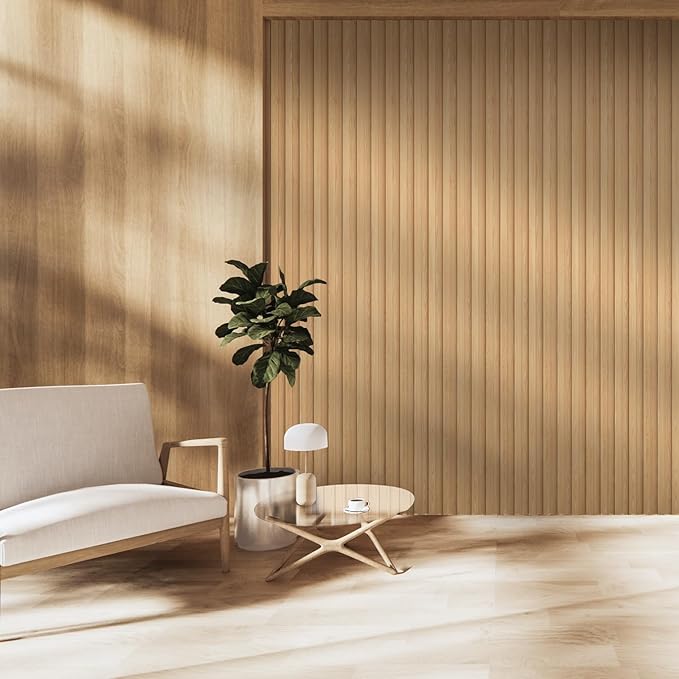 OUZUGIE WPC Acoustic Slat Wall Paneling, 8-Pack 96 x 6 Inches 3D Wall Panels for Interior Wall Decor,Living Room,TV Background,Study Room,Office Spaces,Bedroom,High Grille (Oak)