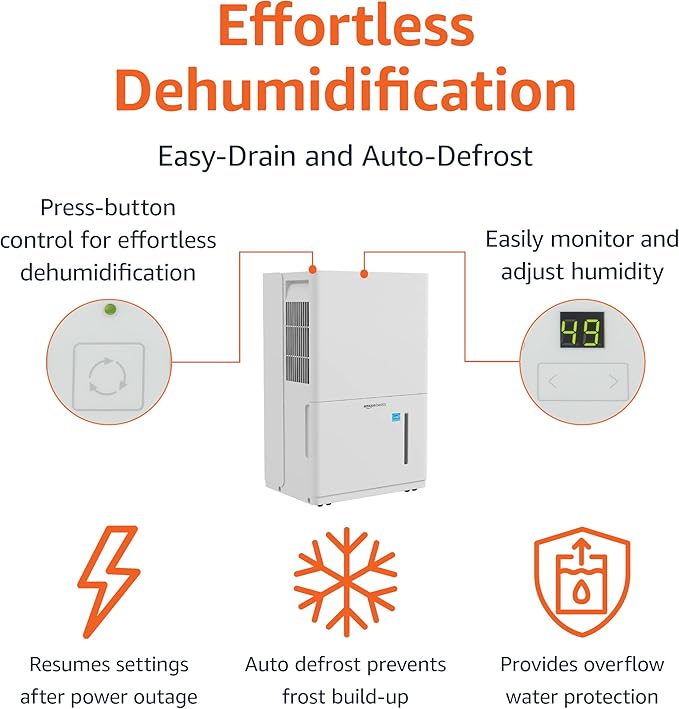 Amazon Basics Large Dehumidifier for Rooms, Energy Star Certified,Effectively Reduces Humidity, With Advanced Moisture Control, Timer, Auto-Defrost, Overflow Protection, up to 4000 SFT, 50 Pint, White