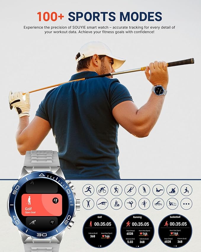 SOUYIE Smart Watch for Men,1.43''AMOLED Screen with 24 Hours Healthy Monitor, 100+ Sports Modes Fitness Tracker Watch, High-Capacity Battery Pedometer Calorie Smartwatch Compatible Android iOS