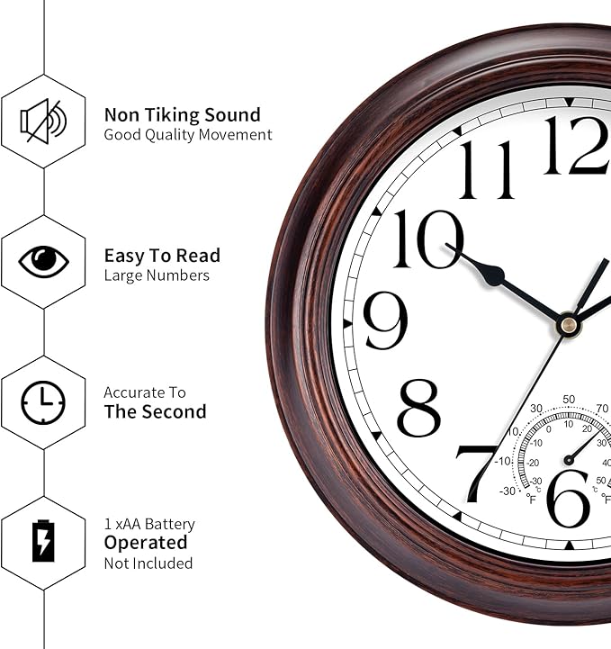KECYET 14 Inch Outdoor Wall Clock with Thermometers, Vintage Silent Wall Clocks Battery Operated, Retro Non-Ticking Clock Decorative for Living Room, Patio, Kitchen, Office, Bathroom, Bedroom(Bronze)