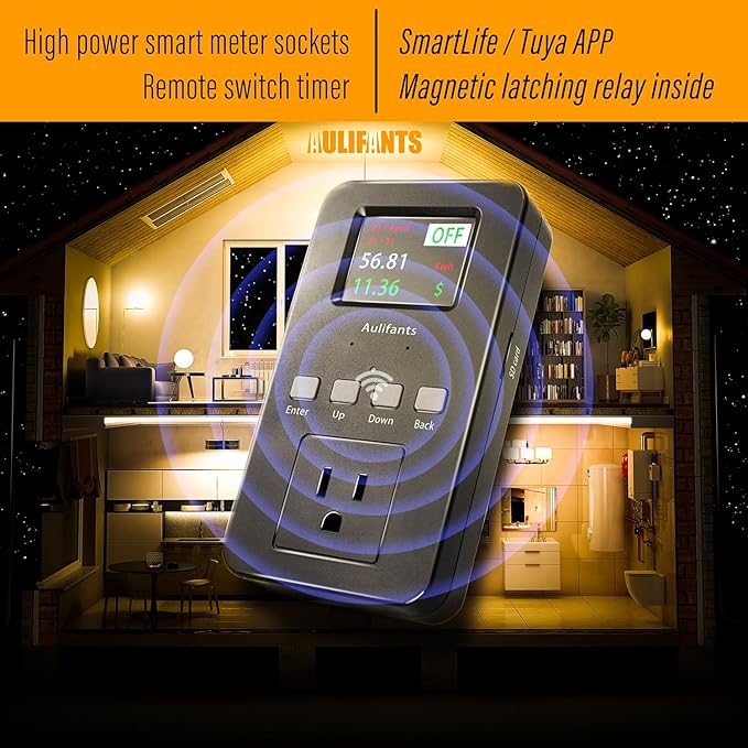 Aulifants LP405 25A Heavy Duty Smart Plug Meter Sockets Industrial Energy Monitor Trip-Rate Billing, OVP/UVP/OLP Color Screen Magnetic Relay Offline Logging WiFi Tuya/Smart Life for AC/Heaters