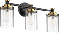 PHIXART Bathroom Lighting Fixtures Black and Gold Bathroom Vanity Light with Cylindrical Clear Stripes Glass Lampshade E26 Socket Base Bathroom Lighting Fixtures Over Mirror (3 Lights)