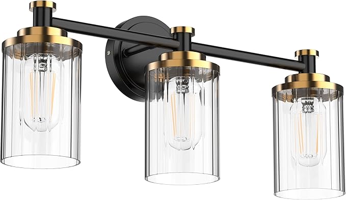 PHIXART Bathroom Lighting Fixtures Black and Gold Bathroom Vanity Light with Cylindrical Clear Stripes Glass Lampshade E26 Socket Base Bathroom Lighting Fixtures Over Mirror (3 Lights)