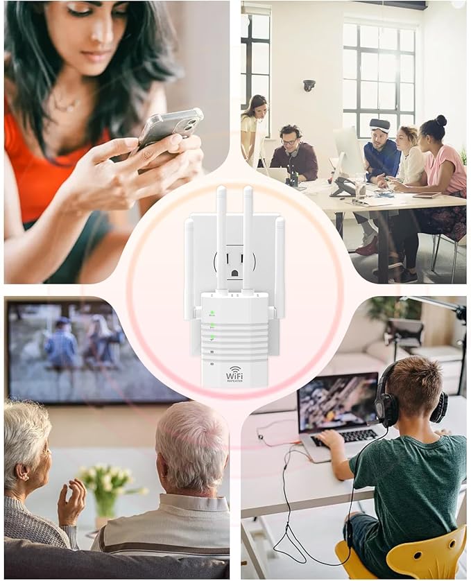 WiFi Signal Booster with 4 Directional Antennas – 1200Mbps Dual Band (5GHz/2.4GHz),WiFi Extender Covers 12,880 Sq.ft, Easy Home Setup and 105-Device Support