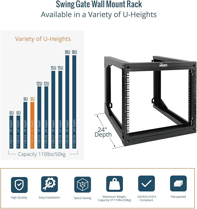 Tecmojo 9U Rack Wall Mount with Swing Gate, 9U Server Rack for 19inch Computer/AV/Data/IT/Media Equipment, Open Frame Server Rack with 24inch Depth, Square&Tapped Holes