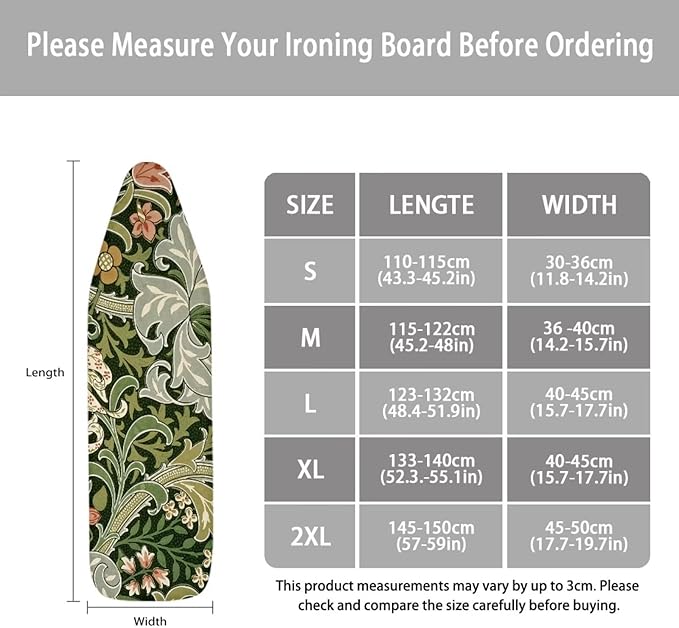 ZXFYGDX Cover for Ironing Board, William Morris Prints Table Top Ironing Board Cover with Nylon Buckle Straps and Elastic Edges Easy to Install, Standard Size Suitable for 15x48 Inch Ironing Board M