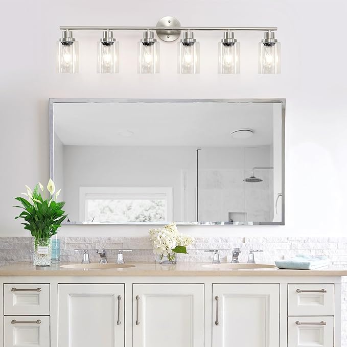 Guliaofo 6-Light Nickel Bathroom Vanity Lights, E26 Modern Bathroom Light Fixtures with Clear Glass Shade, Wall Lamps for Mirror Hallway Kitchen Cabinet Living Room Sconces Lights